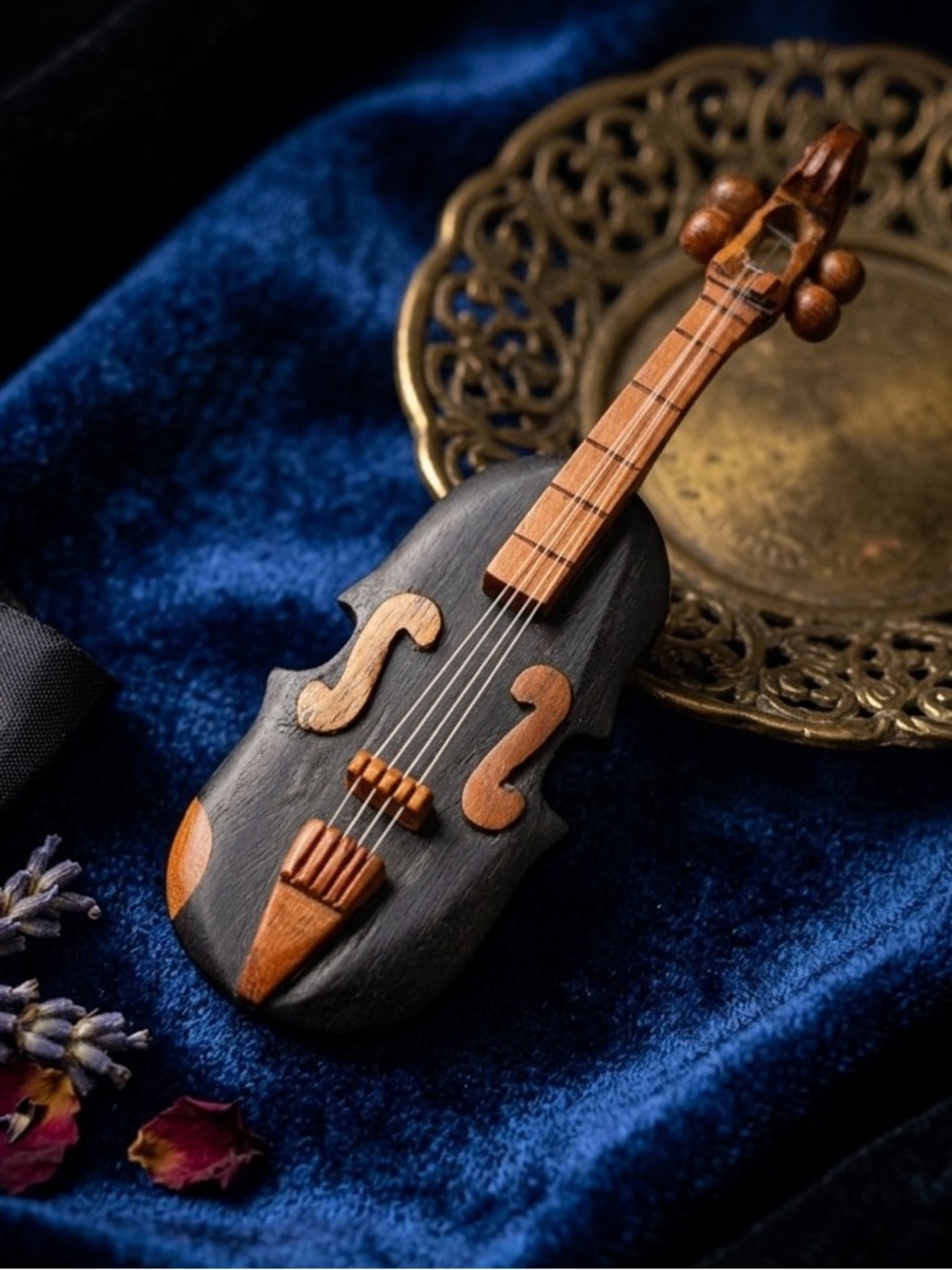Vintage Hand Carved Wooden Violin Unisex Brooch